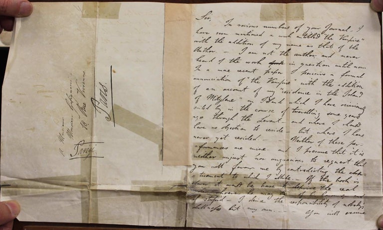 Item #B4166 A fine facsimile of a personal letter from Lord Byron to Giovanni Antonio Galignani explaining to Galignani that he is not the author of a book entitled ‘The Vampire’ that was reviewed in Galignani’s monthly publication. Lord Byron.