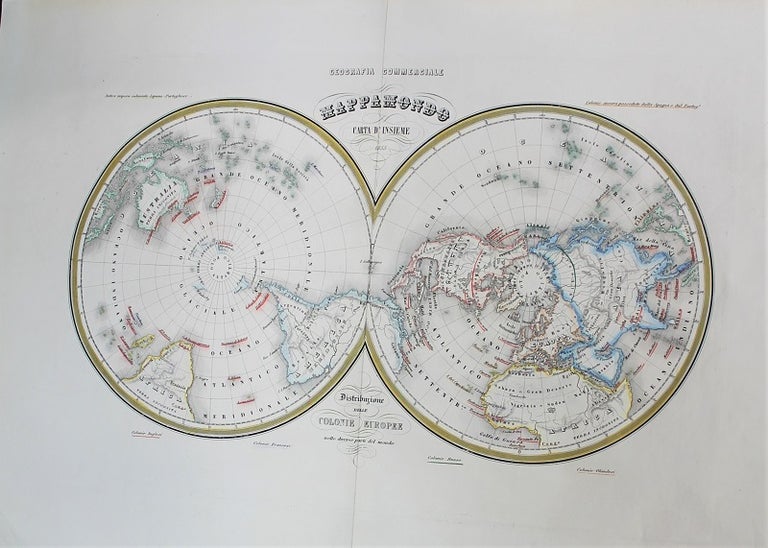 Item #M10790 Mappa Mondo Carta D'Insieme 1855 Distribuzione Delle Colonie Europee. Francesco Marmocchi, G. Bonatti.