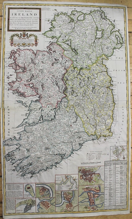 Item #M10813 A New Map of Ireland Divided into its Provinces, Counties and Baronies, wherein are distinguished the Bishopricks, Borroughs, Barracks, Bogs, Passes, Bridges & c. with the Principal Roads, and the common Reputed Miles. Herman Moll.