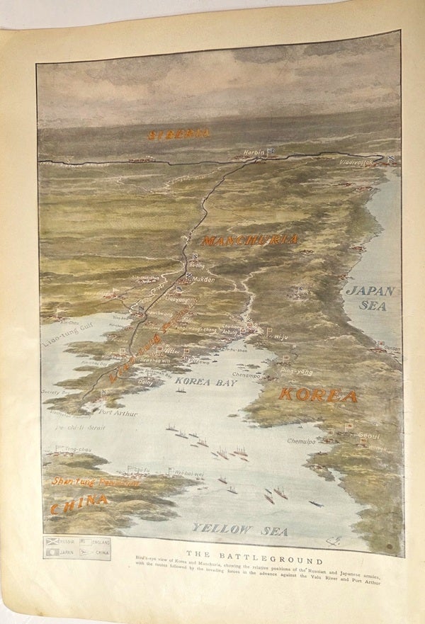 The Battleground.Bird's-eye view of Korea and Manchuria, showing the ...