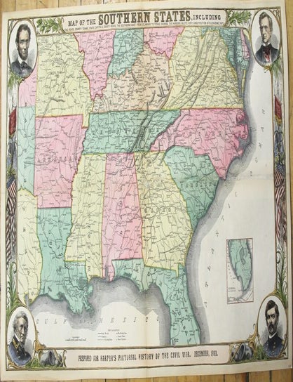 Item #M1152 Map of the Southern States, Including Rail Roads, County Towns, State Capitals, County Roads, The Southern Coast from Delaware to Texas, Showing the Harbors, Inlets, Forts and Positions of Blockading Ships. US Southern States.