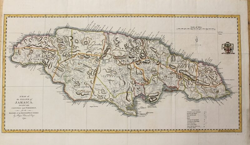A map of the Island of Jamaica divided into counties and Parishes