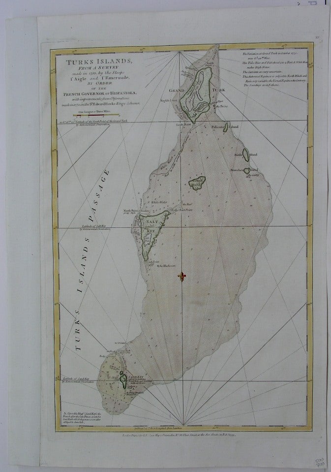 Item #M3005 Turks Islands, from a Survey made in 1753, by the Sloops l'Aigle and l'Emeraude, by Order of the French Governor of Hispaniola, with improvements from Observations made in 1770, in the Sr. Edward Hawke King's Schooner. Thomas Jefferys.