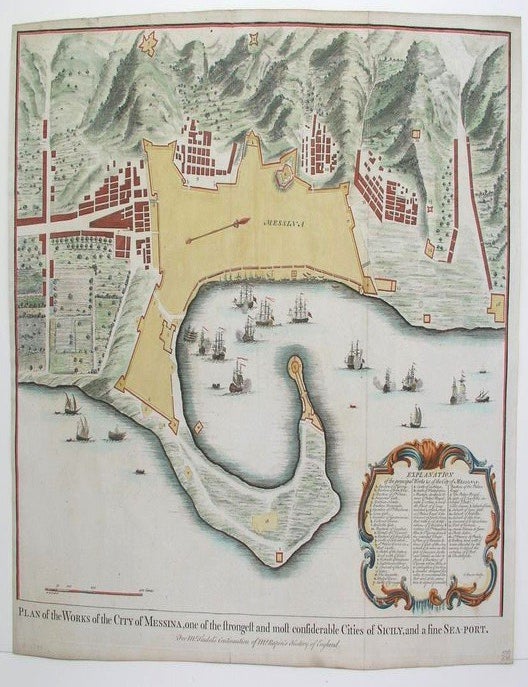 Item #M3118 Plan of the Works of the City of Messina, one of the strongest and most considerable Cities of Sicily, and a fine Sea-Port. Nicolas Tindal.
