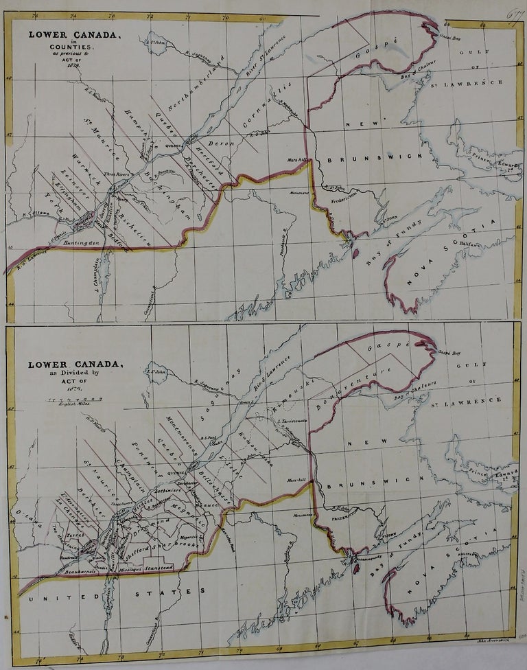 Item #M3759 Lower Canada in Counties as previous to Act of 1829; Lower Canada as divided by Act of 1829. John Arrowsmith.