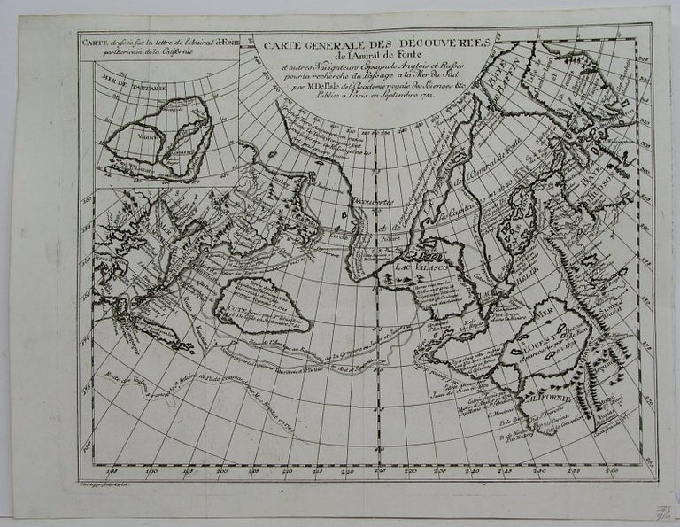 Item #M6262 Carte Generale des Decouvertes de l'amiral de Fonte et autres Navigateurs Espagnols Anglois et Russes . . De l'Isle.