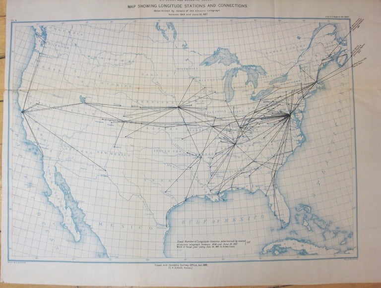 Item #M7030 Map Showing Longitude Stations and Connections determined by means of the Electric Telegraph between 1846 and June 30.1887. A. Lindenkohl.