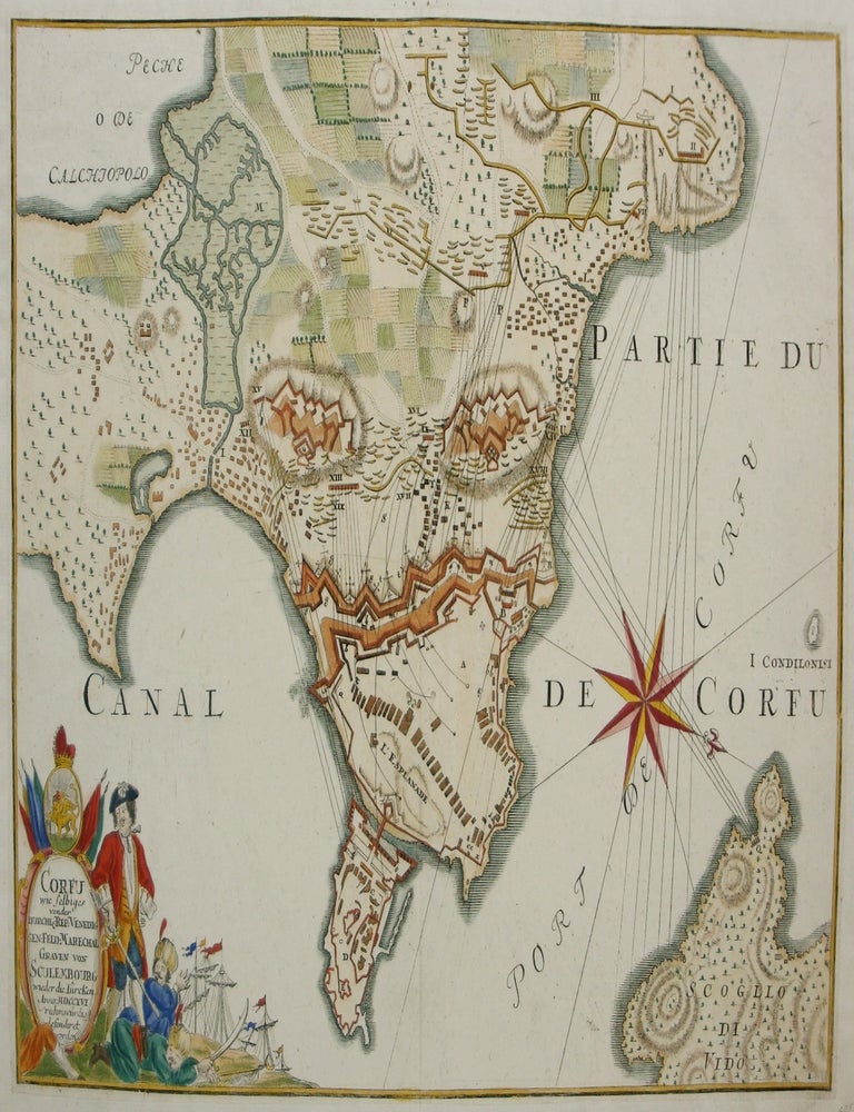 Item #M7345 Corfu wie Selbiges vonder Durchl. Rep. Venedig Gen. Feld-Marechal Graven von Sculembourg wieder die Turcken Anno MDCCXVI ruhmwurdisst defenduret worden. Matthaus Seutter.