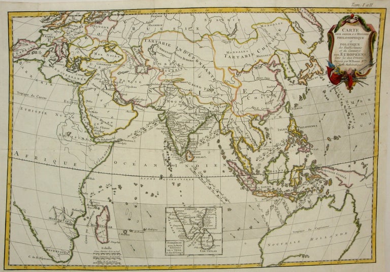 Item #M7346 Carte pour servir a l'histoire philosophique et politique des Etablissemens et du Commerce des Europeens dans les deux Indes. Rigobert Bonne.