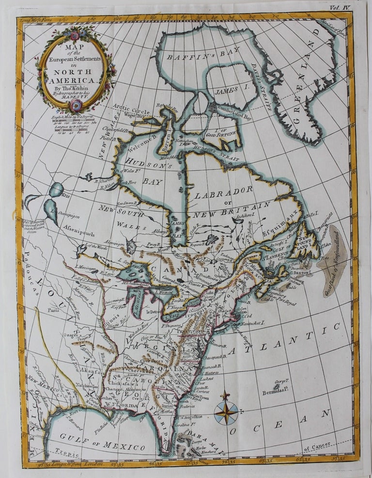 Item #M9214 Map of the European Settlements in North America. Thomas Kitchin.