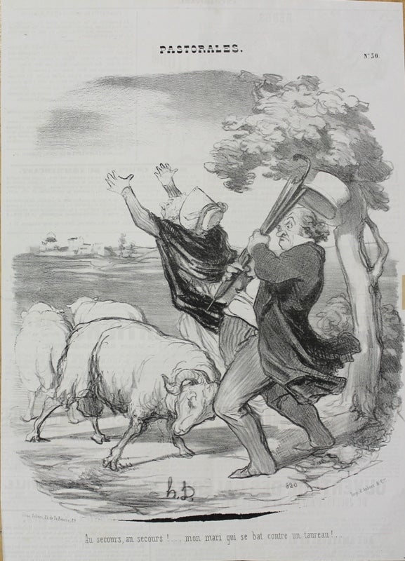 Item #P4903 Pastorales. Au secours, au secours !...mon mari qui se bat contre un taureau! Honore Daumier.